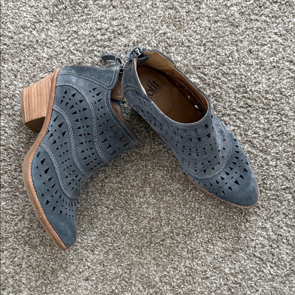 Sofft Suede Ankle Bootie in Grayish Blue Cut out with comfortable arch support